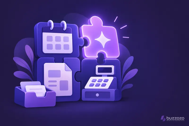 An AI puzzle piece connects a calendar, invoice, inbox and shop till, illustrating joined-up business tools.