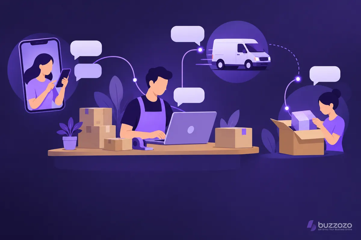 A shop owner answers shopper and delivery questions on a laptop while a team member checks a returned parcel, showing AI for ecommerce support.