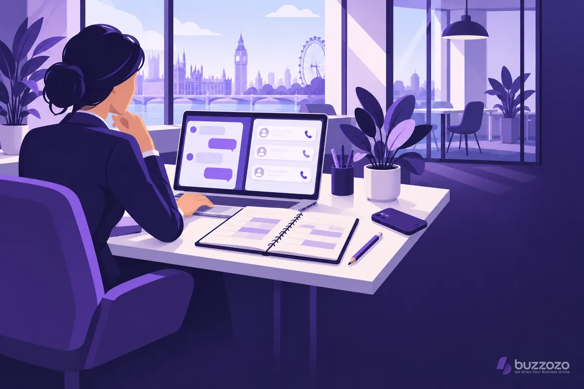 A recruitment consultant at a desk checks website chat enquiries and a call-back list on a laptop, beside a paper diary of interview slots.