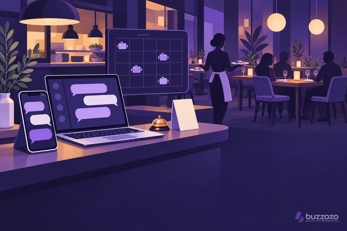 Restaurant counter with a phone and laptop showing chat messages beside a table booking grid, while a server carries plates to diners behind.