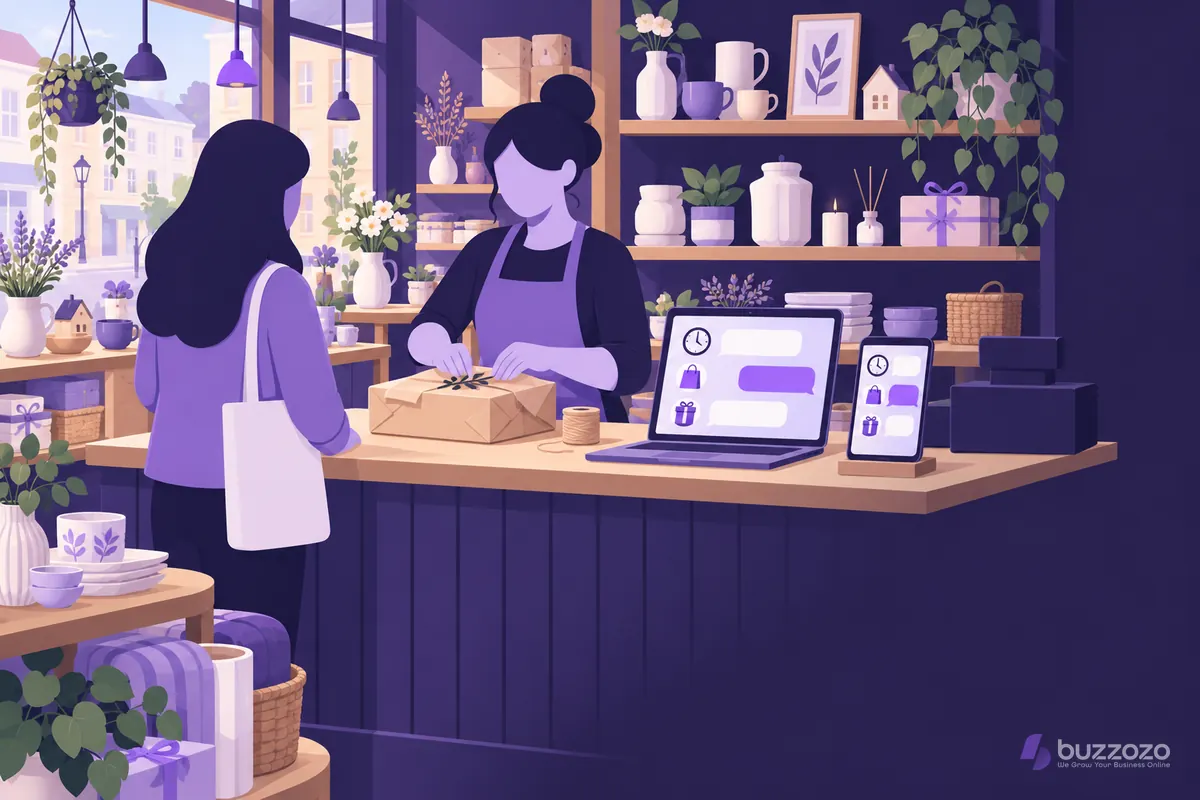 A shop owner wraps a parcel for a customer while a laptop and phone on the counter show chat messages about opening hours, stock and orders.