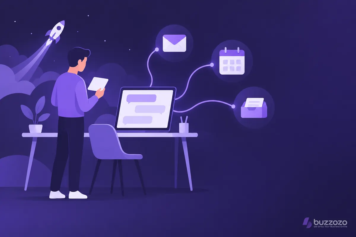 A founder reviews a card beside a laptop chat assistant that routes an enquiry, a demo booking and an inbox item, showing AI for startups handling admin.