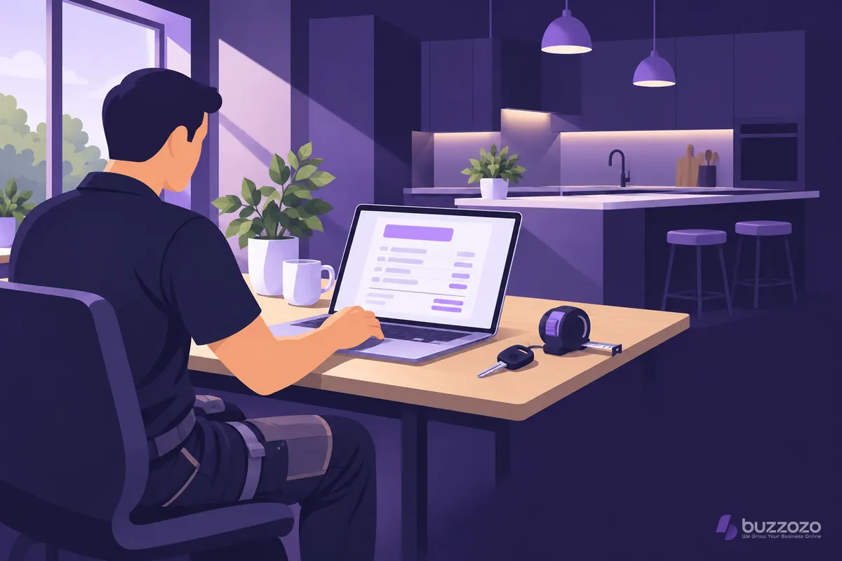 A kitchen fitter at a desk beside a van key and tape measure checks an AI-drafted price quote on a laptop before sending it to a customer.