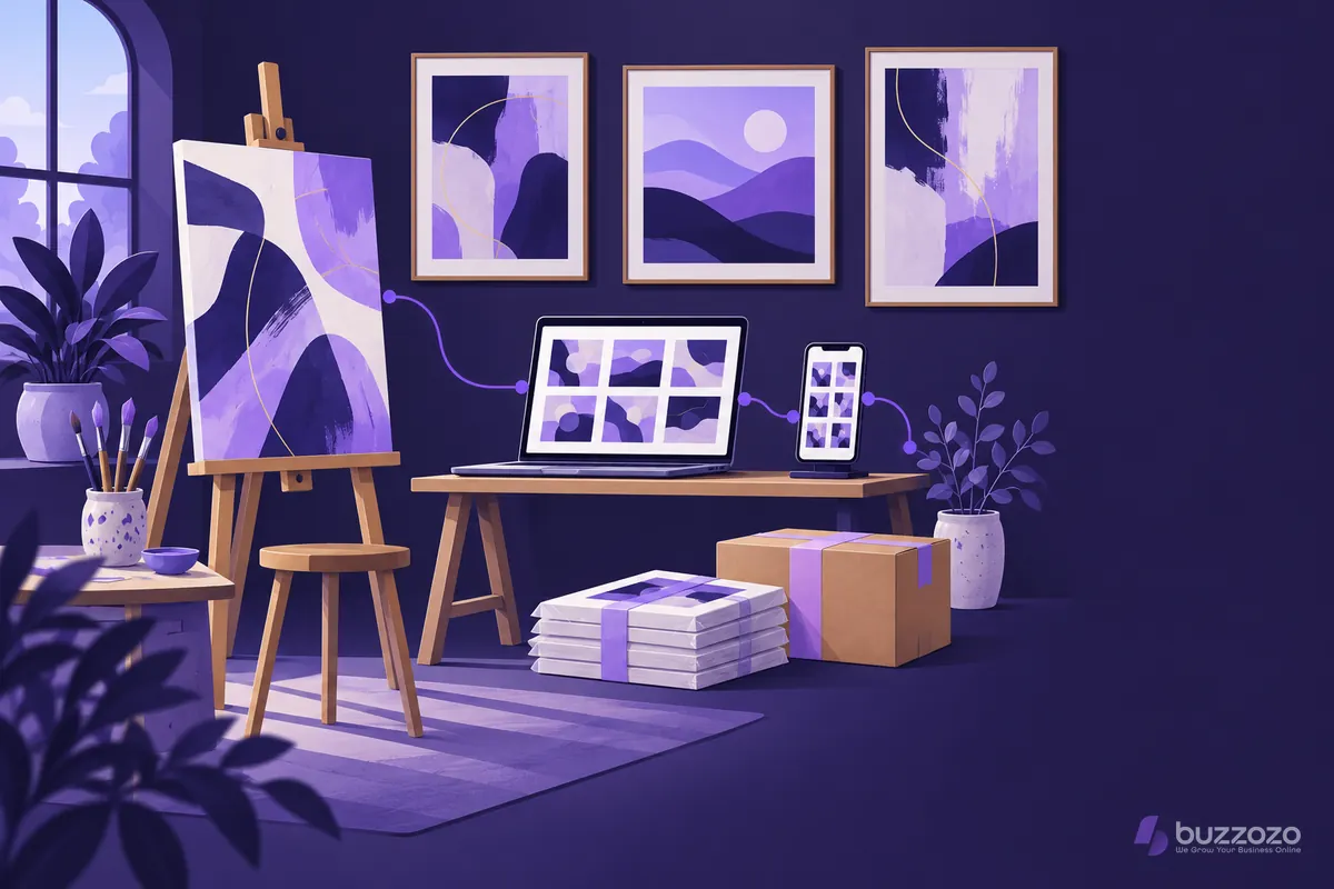 An artist's studio of abstract paintings linked by a violet line to a laptop and phone portfolio website, with wrapped prints ready to post.