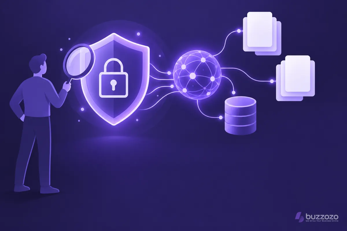 A person checks a padlocked shield with a magnifying glass, guarding data and documents linked to an AI network, showing checks before using AI tools.