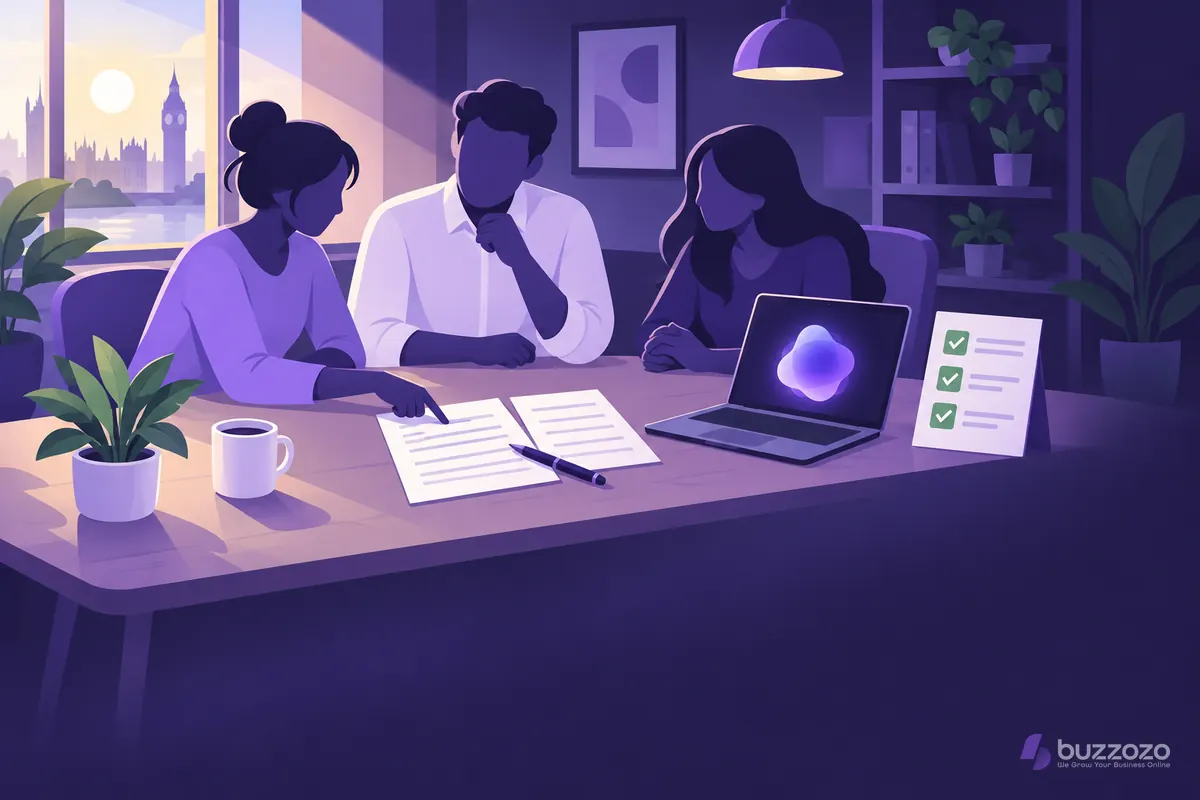 A small team at an office table reviews a short two-page AI policy beside a laptop and a ticked checklist, agreeing rules for using AI at work.