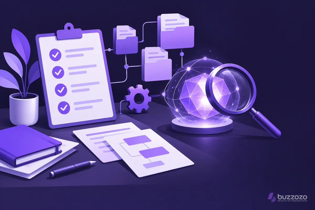 A checklist, document folders and magnifying glass assess a glowing AI core before automation.