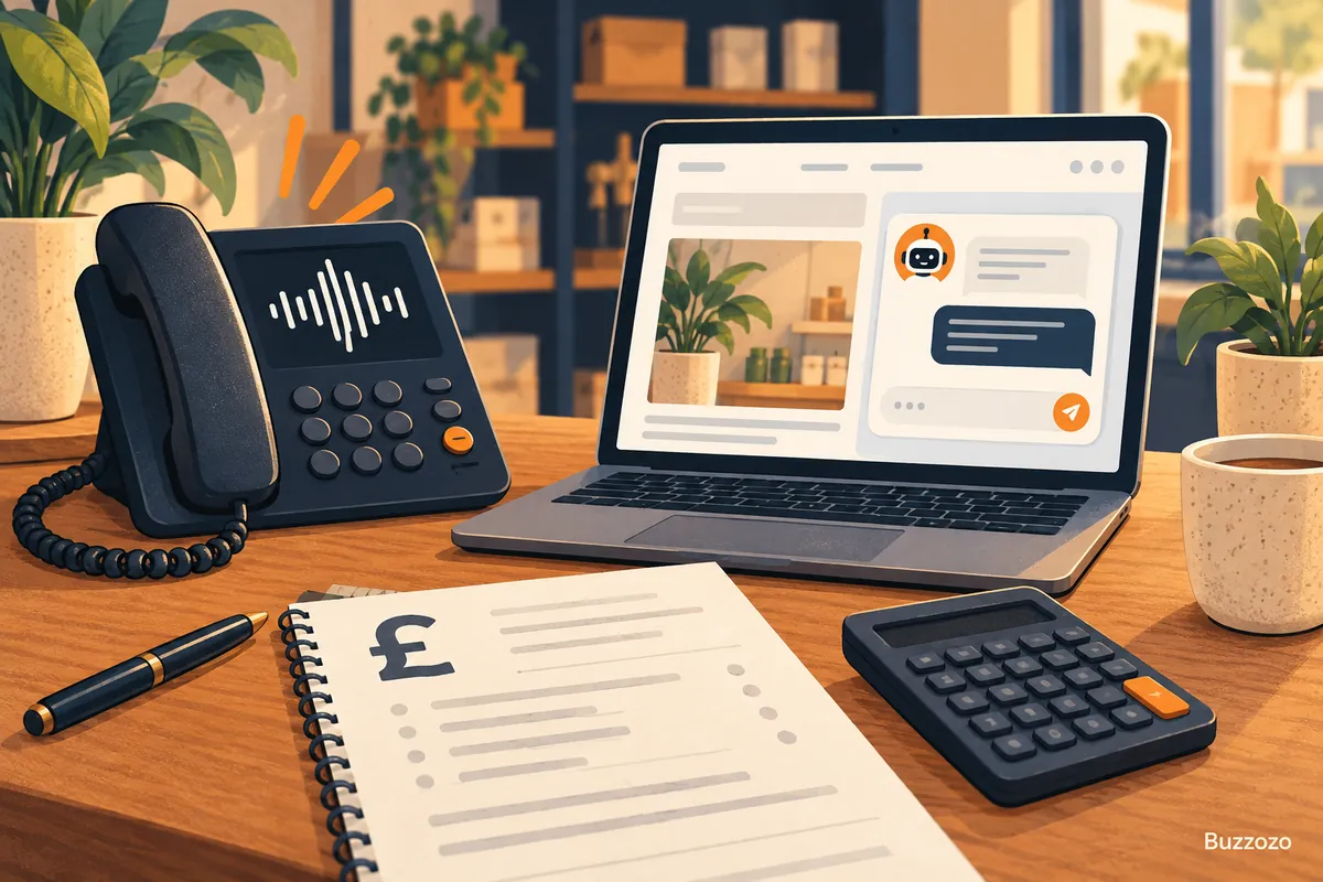 Telephone with a voice waveform beside website chat, a pound budget sheet and calculator, with Buzzozo watermark.