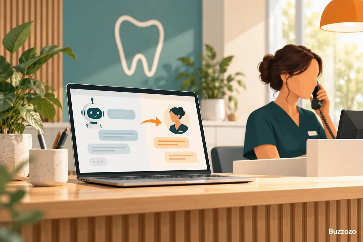 Illustration of a dental reception desk and laptop showing a chat handover to a human receptionist, with Buzzozo watermark.