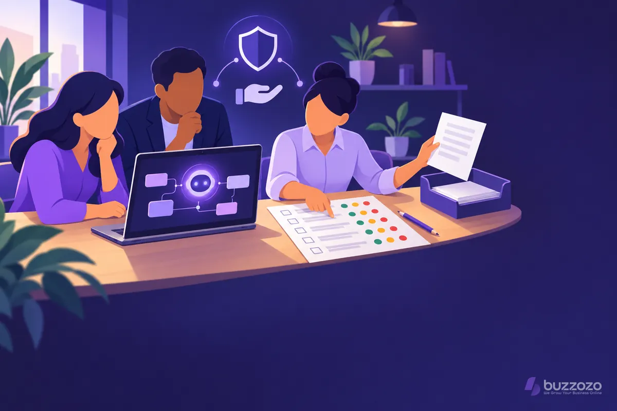 Three small business staff review an AI workflow on a laptop beside a traffic-light risk checklist, holding back a document before it reaches the tray.