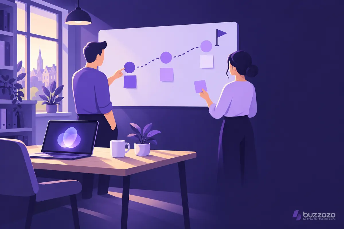 A business owner points to the first of three stepping stones on a wall planner while a colleague holds a sticky note, planning AI adoption step by step.