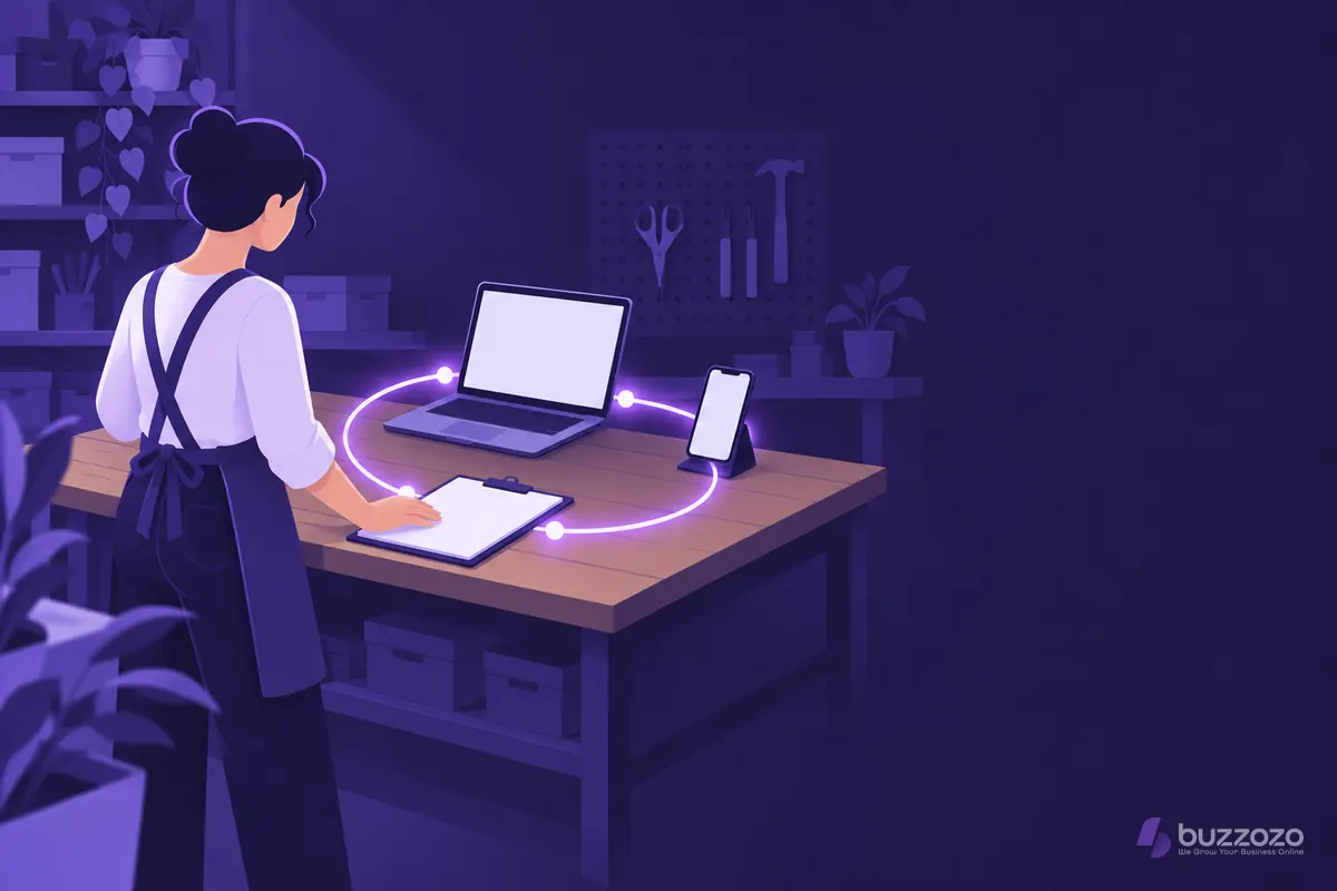 A person at a workshop bench rests a hand on a clipboard as glowing violet lines link it to a laptop and phone, showing small business AI transformation.