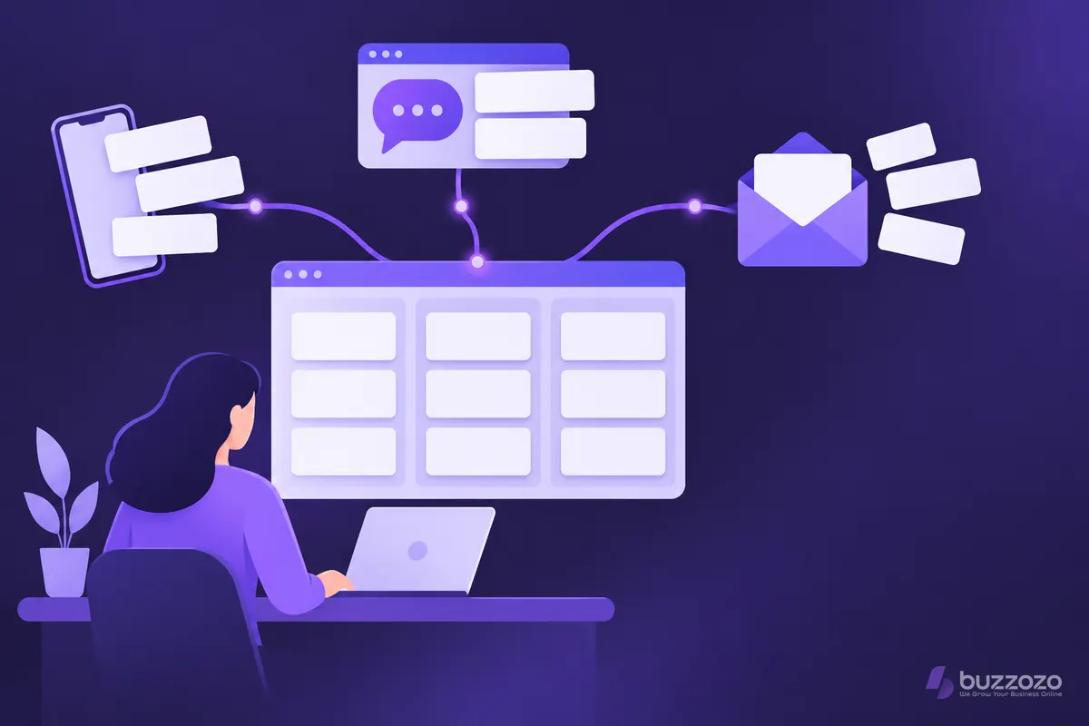 A business owner at a laptop watches enquiries from a phone, website chat and email flow into one tidy CRM dashboard of customer cards.