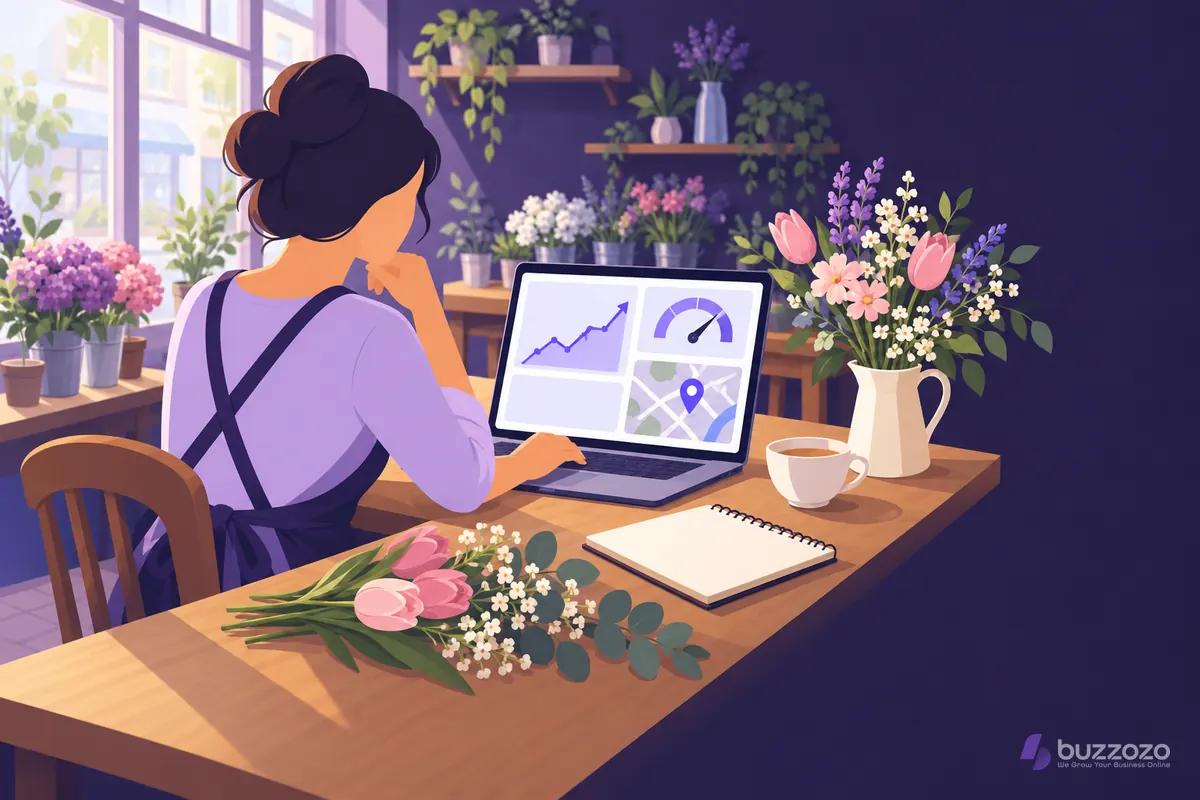 A florist at a wooden table in her shop compares a rising graph, a speed gauge and a map pin on her laptop while choosing SEO tools.