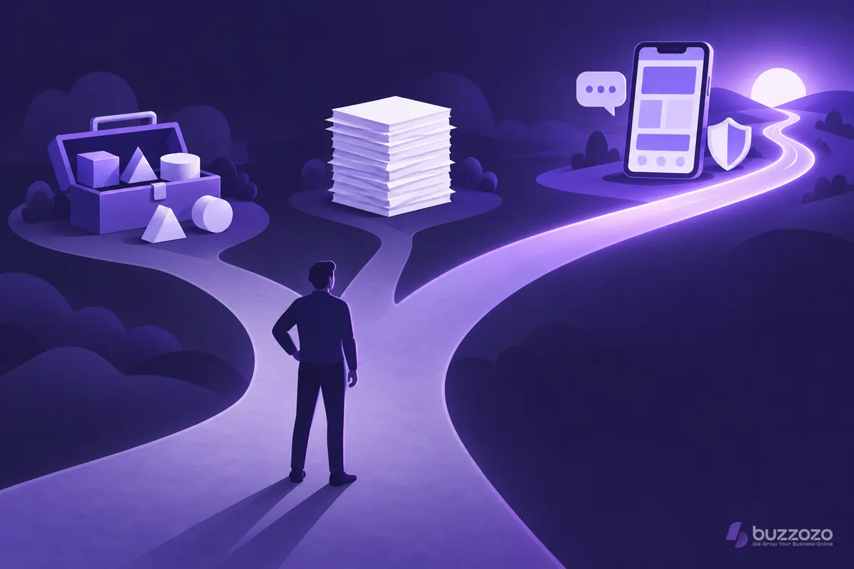 A small business owner chooses between three paths: a toolbox of website blocks, a pile of papers, and a lit path to a finished website on a phone.