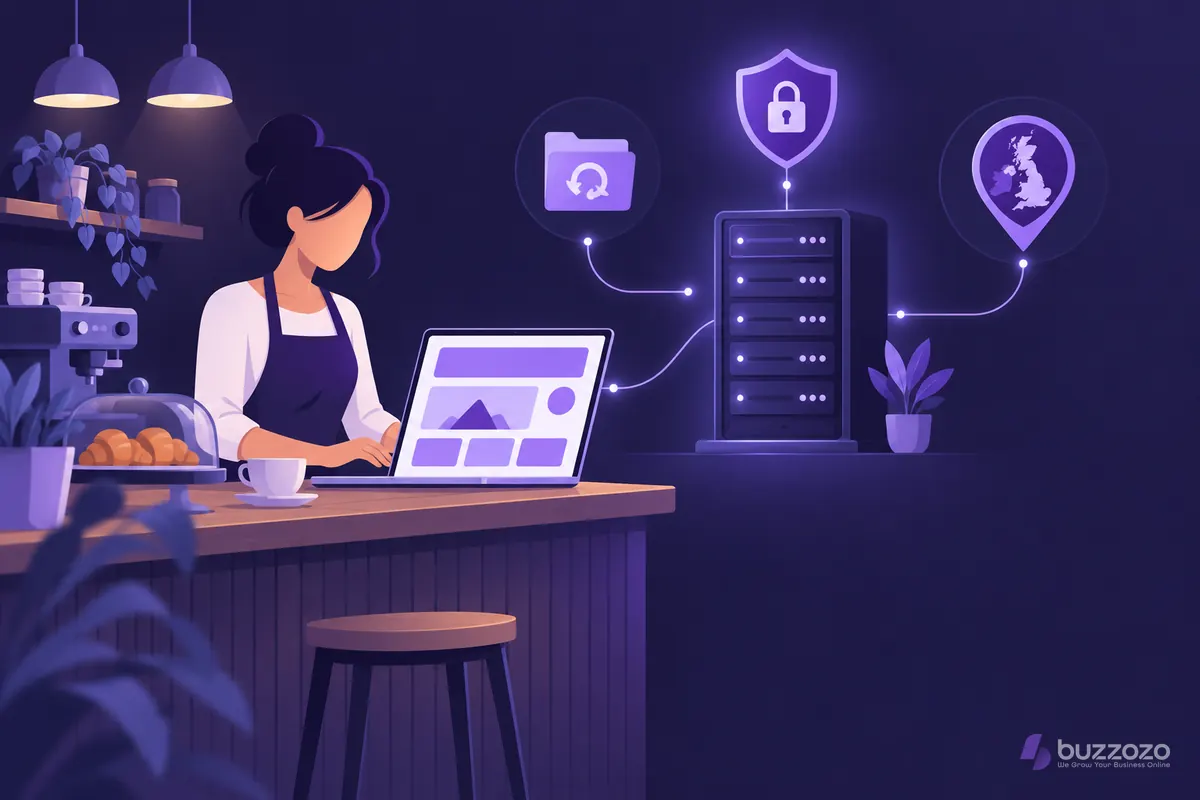 A café owner at the counter checks their business website on a laptop, linked to a secure, backed-up UK server, showing safe small business hosting.
