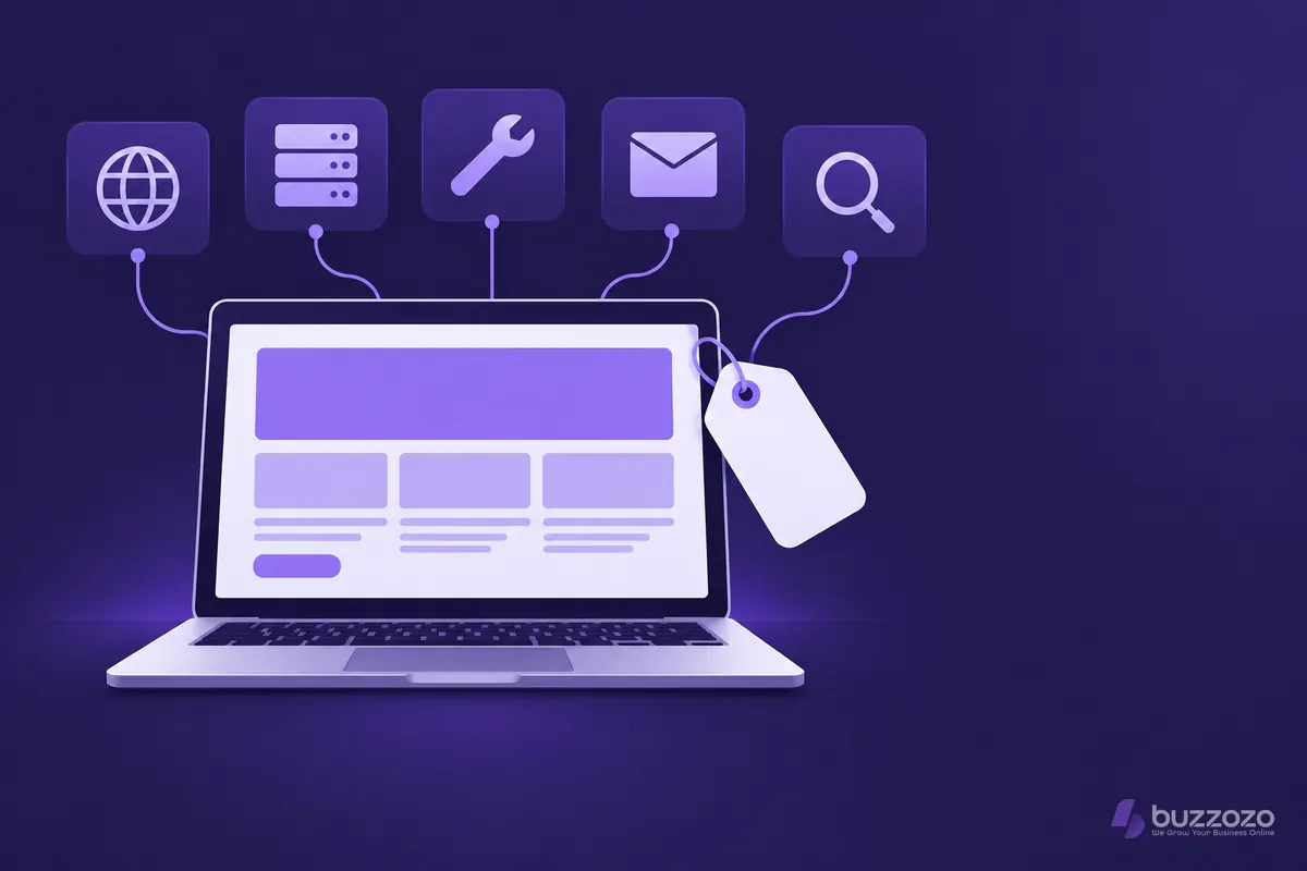 A laptop showing a simple website with a low price tag, linked by thin lines to icons for domain, hosting, edits, email and search costs.