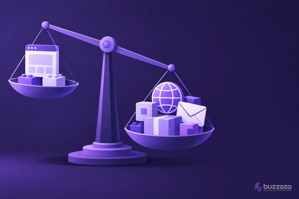 A balance scale tips towards a pile of add-on boxes, a globe and an envelope, outweighing a small toy-block website, showing hidden website builder costs.