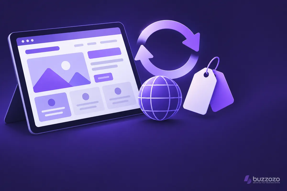 A tablet showing a website template beside a renewal arrow loop, a domain globe and blank price tags, suggesting the yearly cost of running a website.