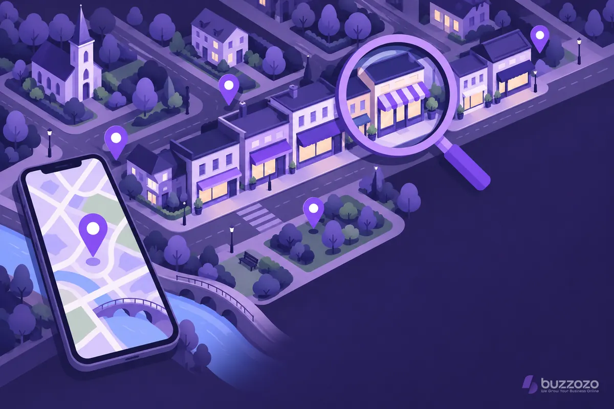 A stylised town map with shopfronts, location pins, a phone showing a map pin and a magnifying glass over one shop, showing local search by place.
