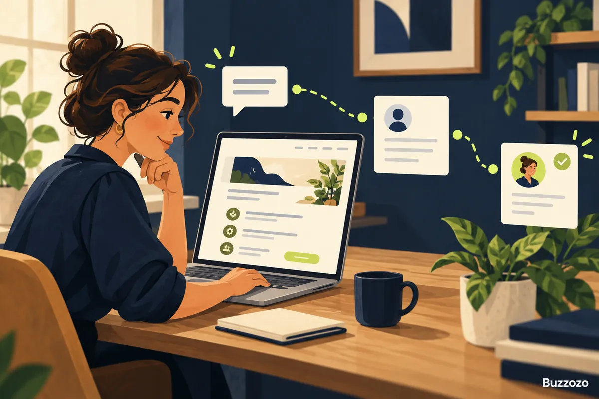 Illustration of a business owner checking a website, chat, enquiry record and assigned follow-up, with a Buzzozo watermark.