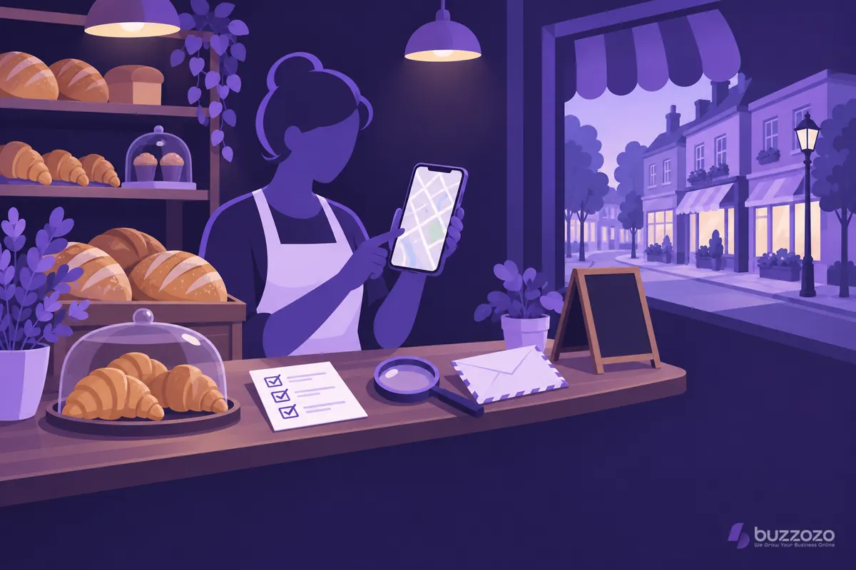 A faceless bakery owner checks a phone map with no shop pin, beside a ticked checklist and magnifying glass, working out why their business is not showing.