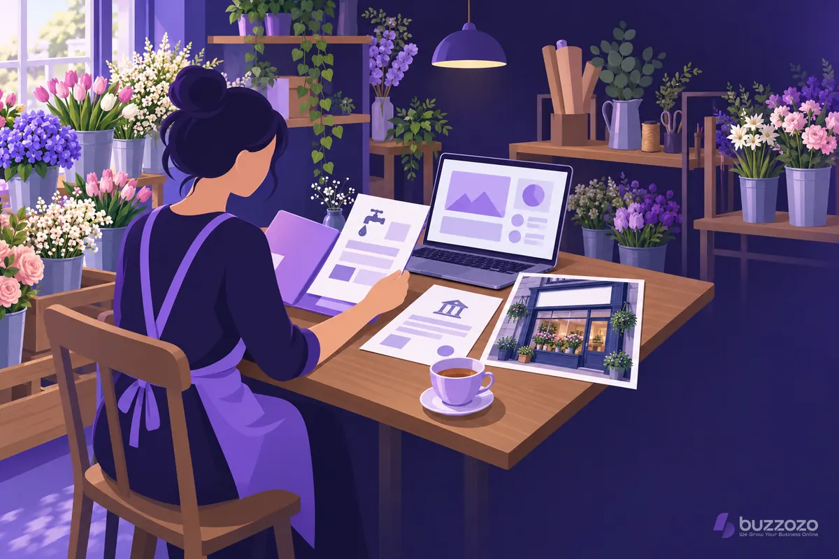A florist at a desk in a flower shop checks a utility bill, registration letter and shopfront photo to prepare a suspended profile appeal.