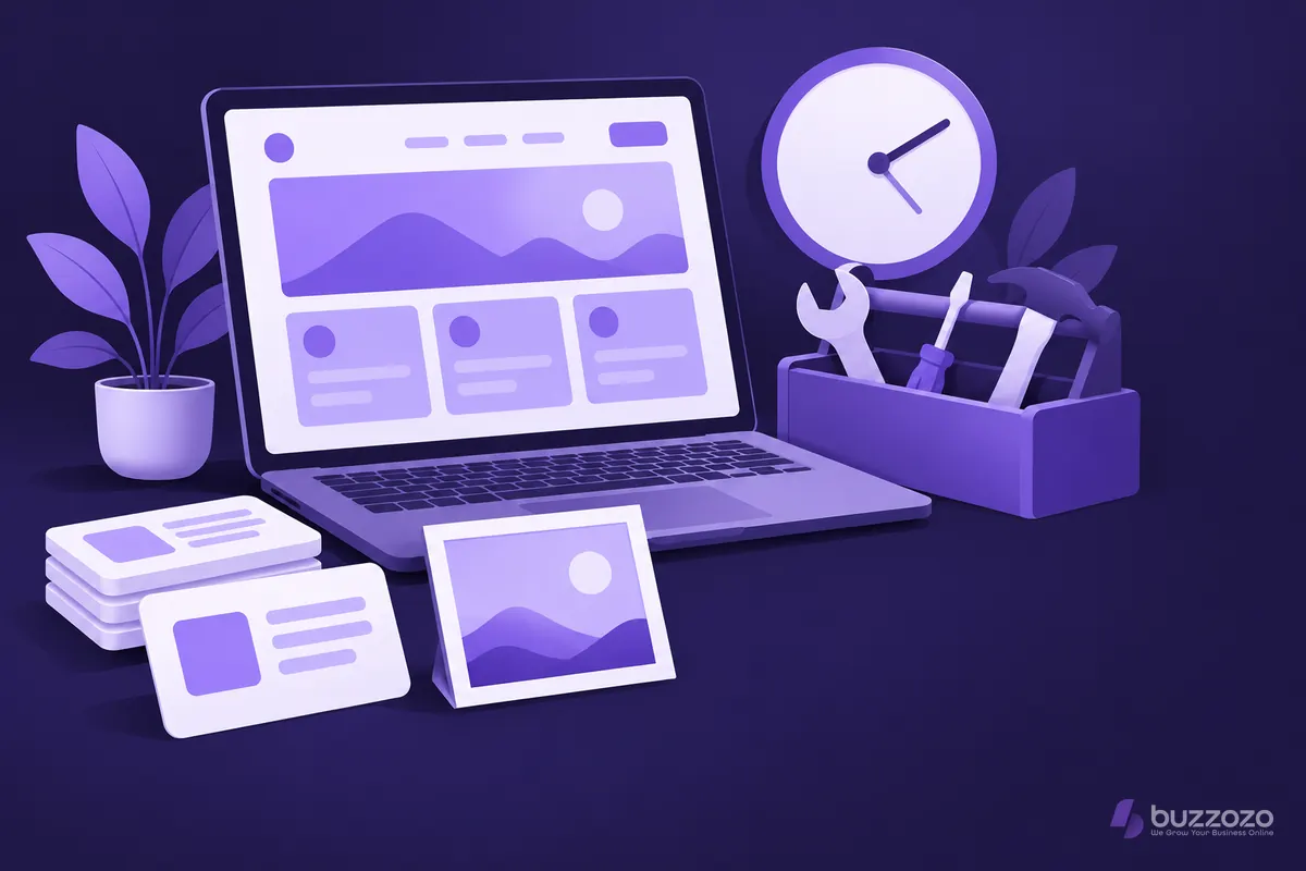 A laptop showing a simple website made in a website builder, with a toolbox, clock, content cards and photo frame for the owner's own material.