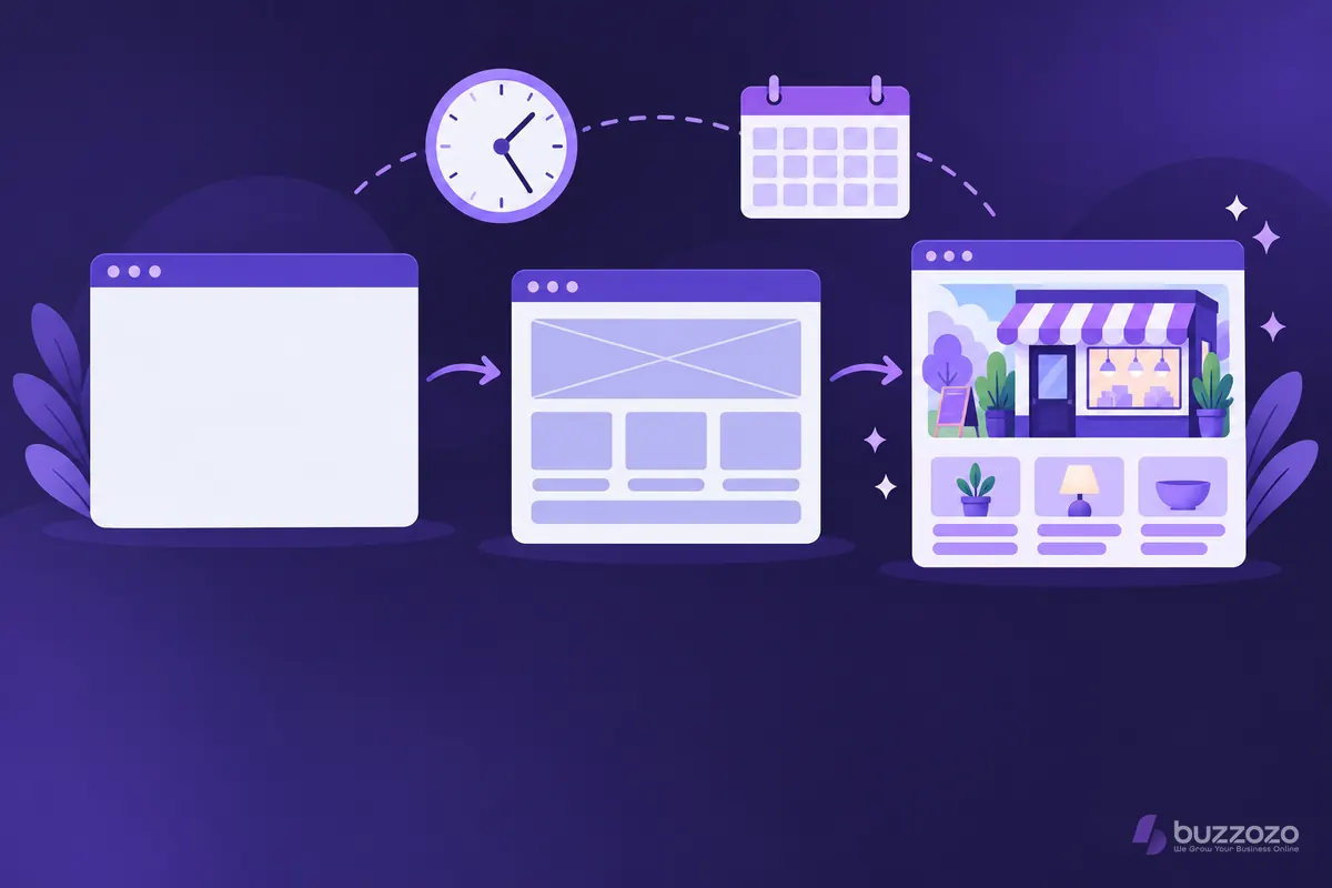 Three browser windows move from a blank page to a wireframe to a finished shop website, with a clock and calendar showing the time a build takes.