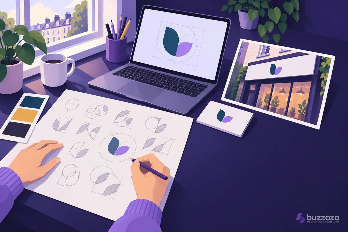 A designer sketches logo ideas at a desk beside colour swatches, a laptop and a shopfront mock-up, showing the work behind what a logo costs.