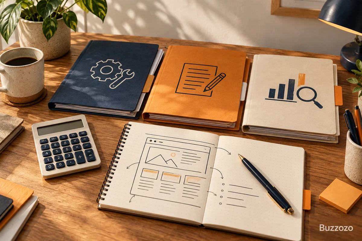 A calculator and website sketch beside folders for technical repairs, writing and measurement, showing what an SEO budget pays for.