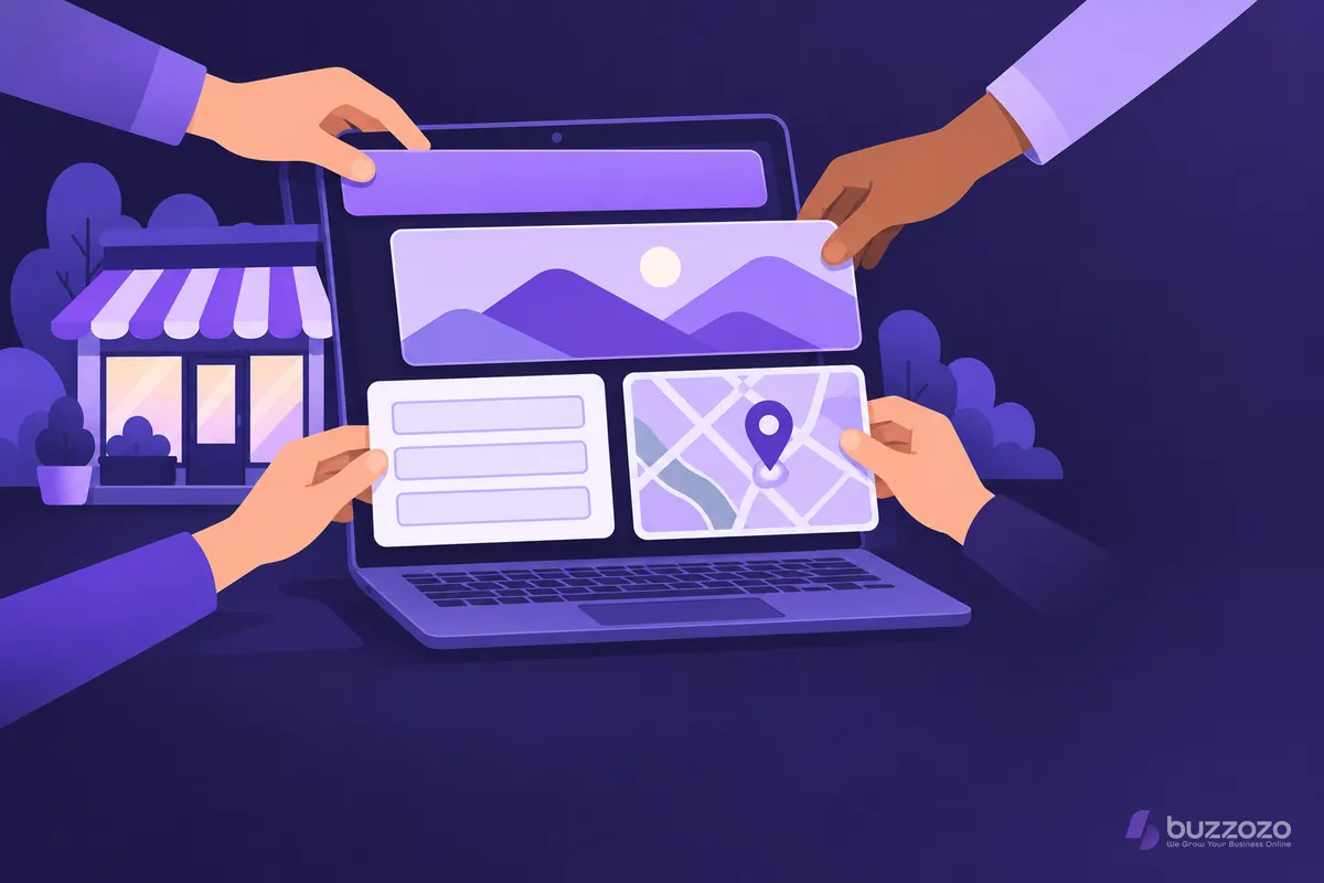 Hands place header, picture, contact form and map blocks onto a laptop screen beside a small shopfront, showing how a small business website is built.
