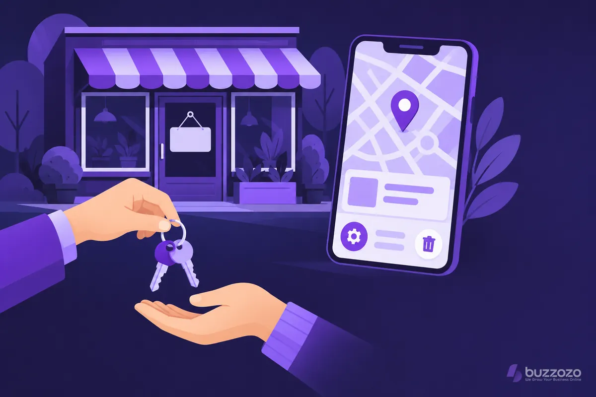 Keys pass between hands outside a shop while a phone shows a map listing with settings and bin icons, showing how to close or delete a business profile.