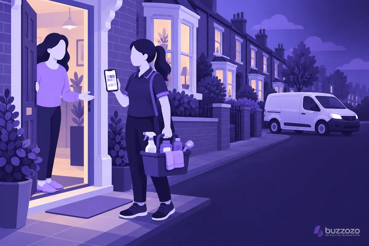 A cleaner with a caddy of sprays and a phone booking calendar greets a homeowner at a terraced house, showing how local visits win repeat customers.