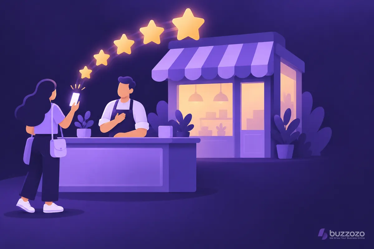 A customer at a shop counter leaves a review, sending five glowing stars from their phone towards a small shopfront as a grateful shopkeeper looks on.