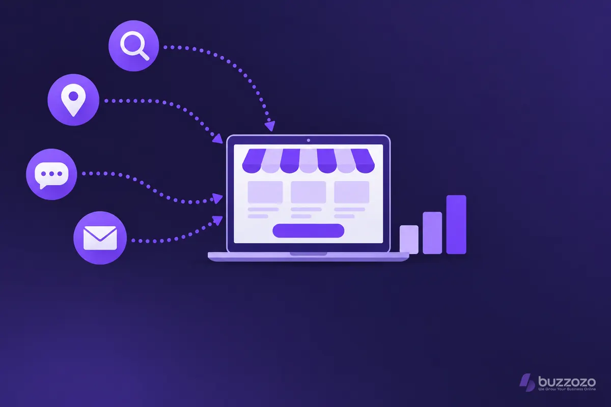 Dotted paths lead from search, map, chat and email icons into a laptop showing a small shop's web page, with rising bars showing traffic growth.