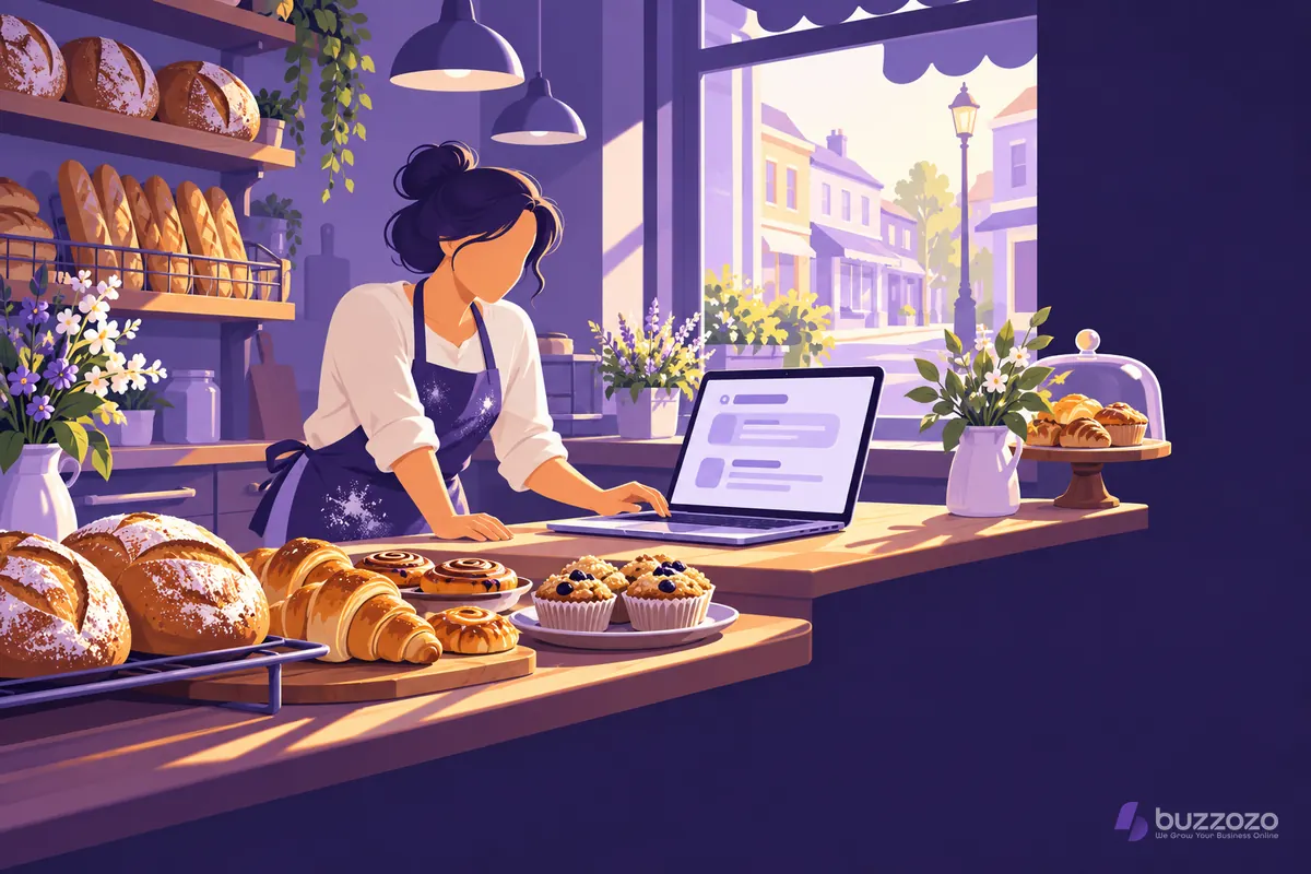 A baker in a flour-dusted apron checks search results on a laptop at a small high-street bakery counter, as a local shop works on being found online.