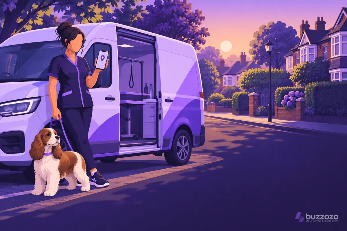 Illustrated mobile dog groomer beside her open grooming van on a leafy suburban street, holding a phone showing a map pin for her local business.