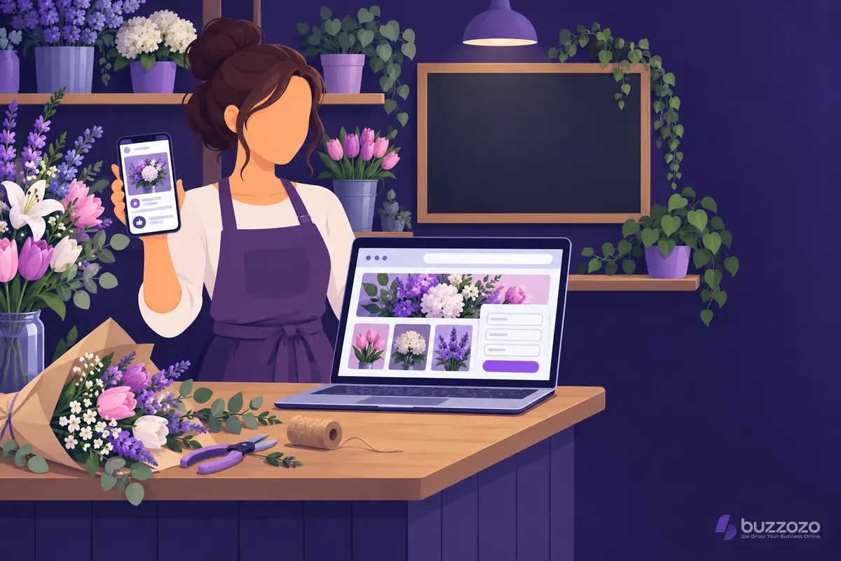 A faceless florist at her counter holds up a phone showing a social media business page beside a laptop showing her own shop website.