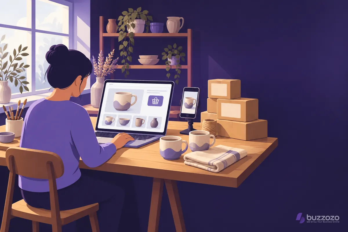 A small business owner at a wooden workbench sets up an online shop on a laptop, with handmade mugs, a tea towel and parcels ready to sell and post.