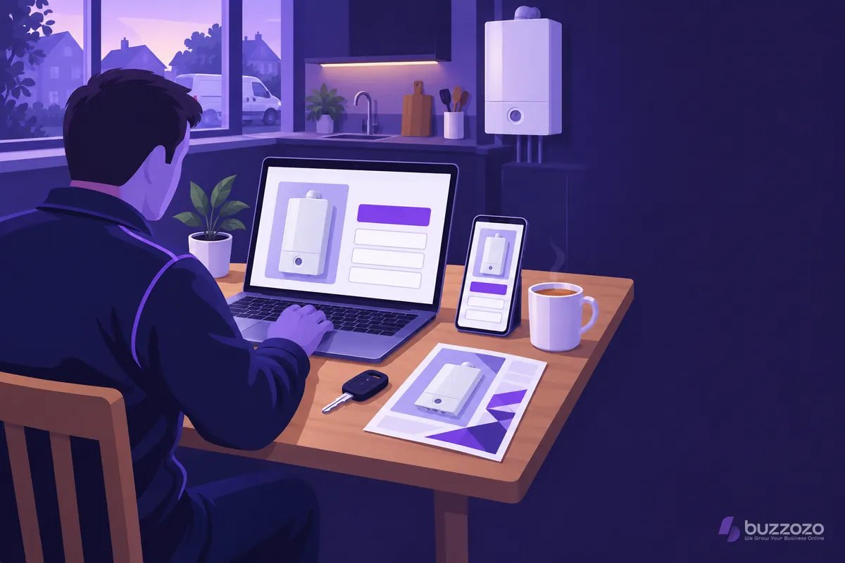 A heating engineer at a kitchen table builds a simple landing page with a boiler photo, one button and a short enquiry form on laptop and phone.
