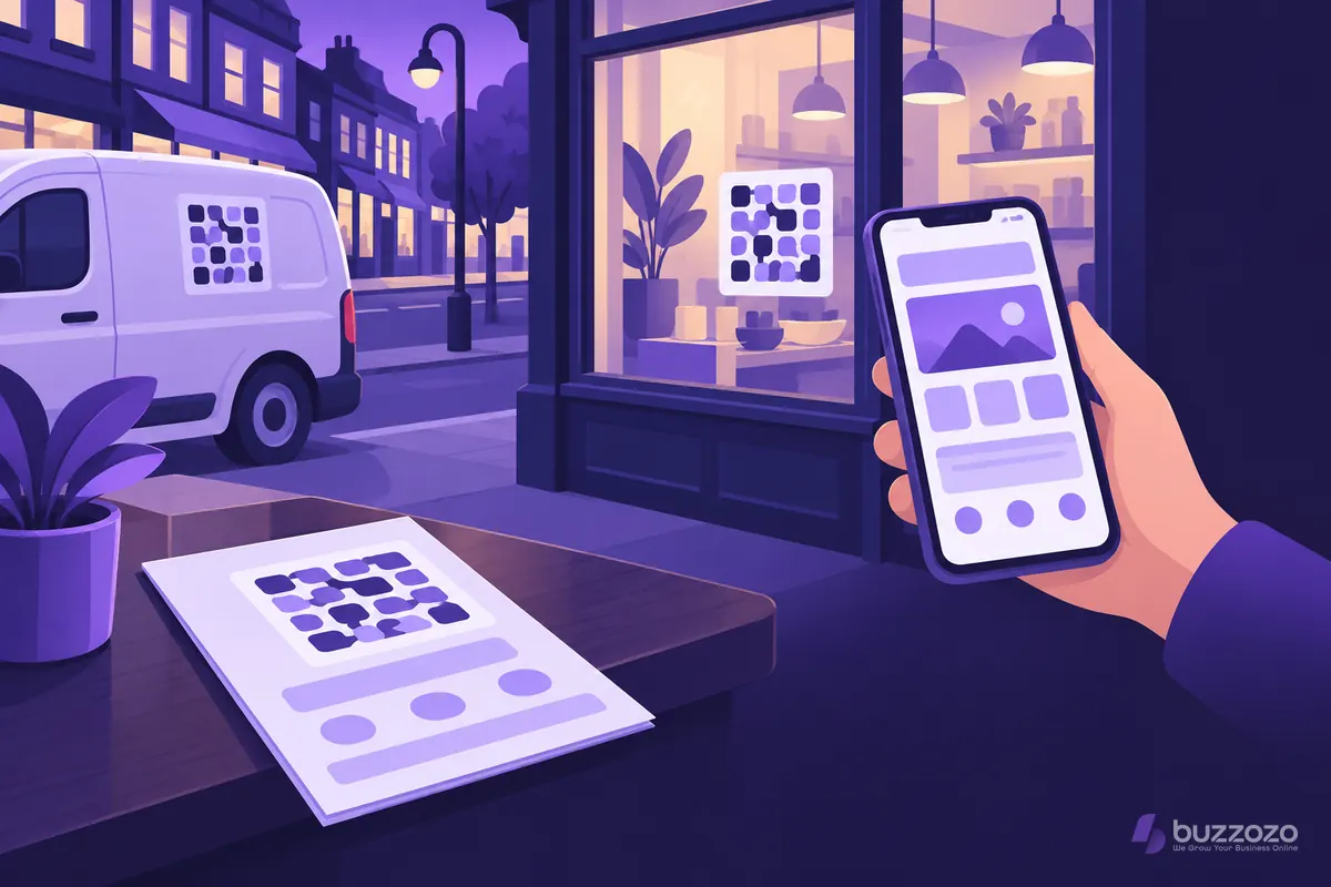 A hand holds a phone showing a simple website beside a shop window, a van and a flyer that each carry a matching website QR code sticker.