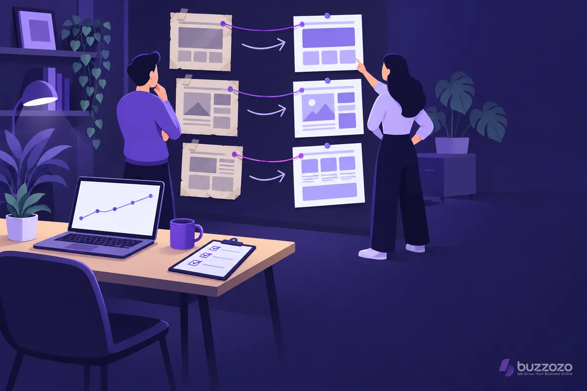 Two people match faded old web page sketches to fresh new layouts with string on an office wall, planning a redesign that keeps search rankings safe.