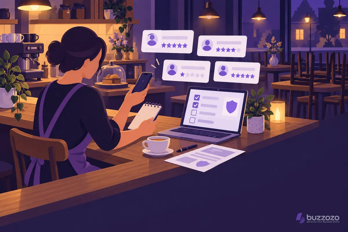 A cafe owner reads a one-star review on their phone after closing, with a laptop checklist ready for getting an unfair review removed.