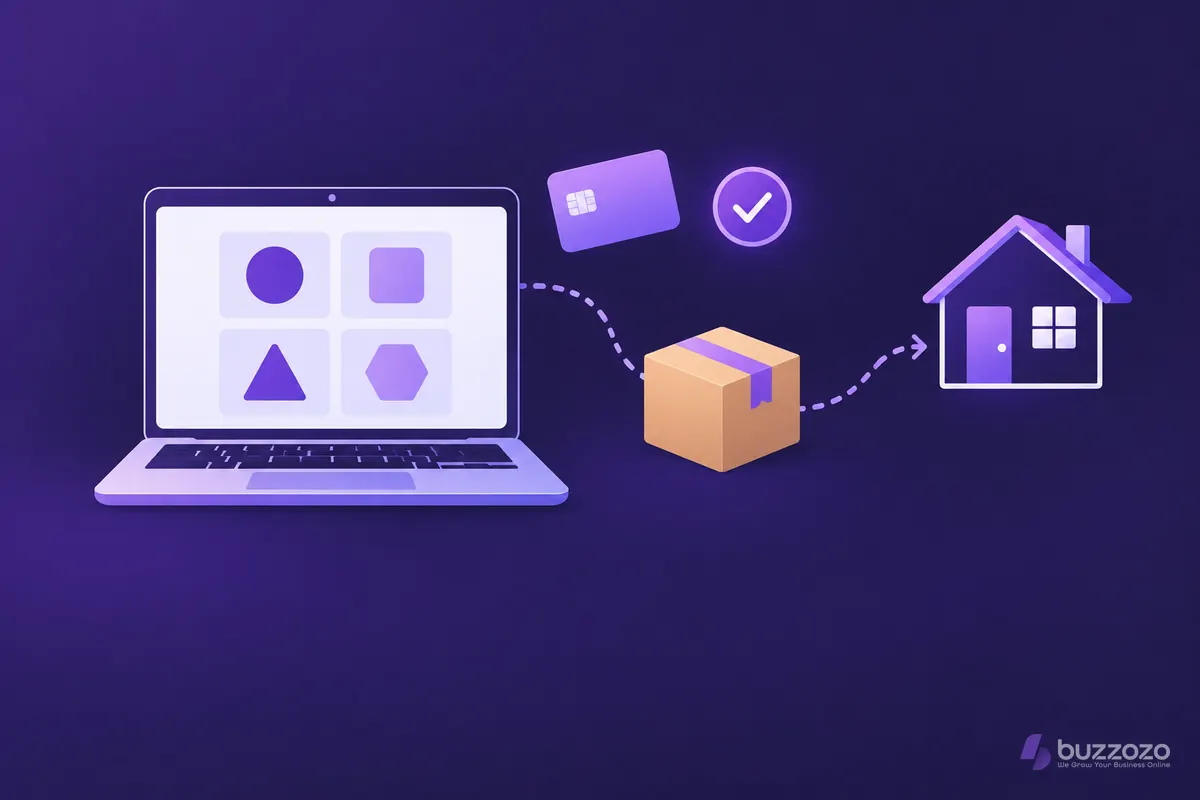 A laptop showing four product tiles, with a dotted path taking a parcel to a house, illustrating an online shop order from payment to delivery.