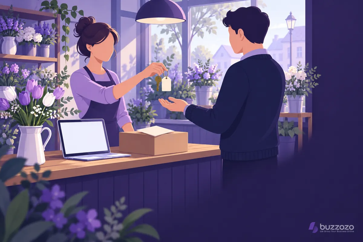 A florist hands a key with a blank tag to a customer across the shop counter, showing a domain name passing to its new owner.