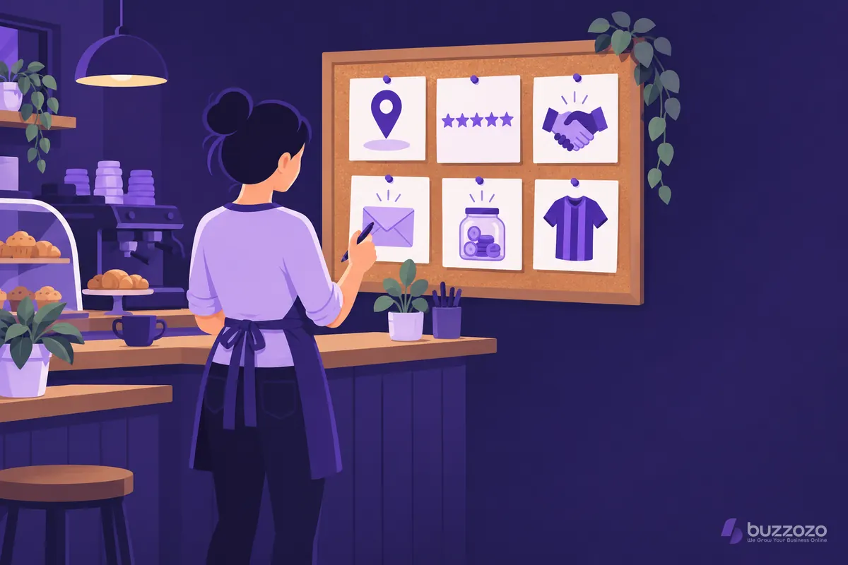 A café owner plans low-cost marketing on a cork board with cards for local listings, reviews, referrals, email, a small ad budget and sponsorship.