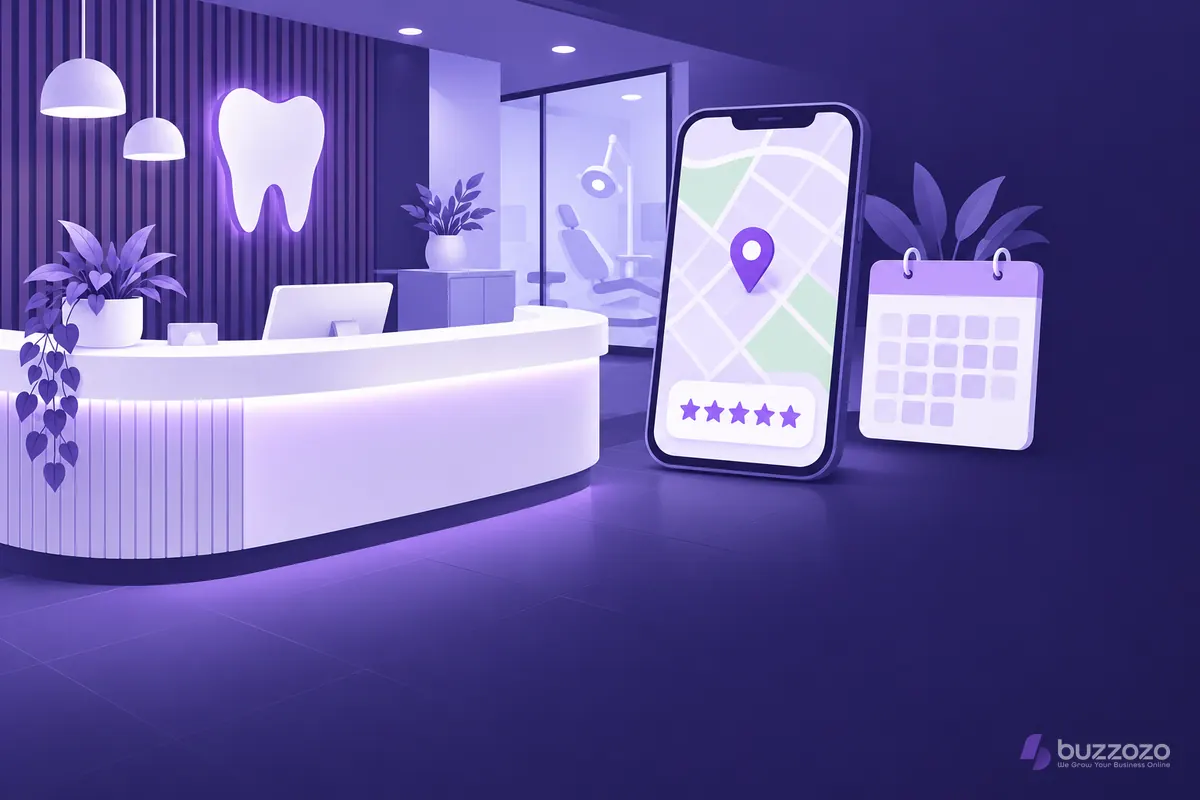 A calm dental reception with a tooth sign beside a phone showing a map pin, five star reviews and a booking calendar, linking local search to bookings.