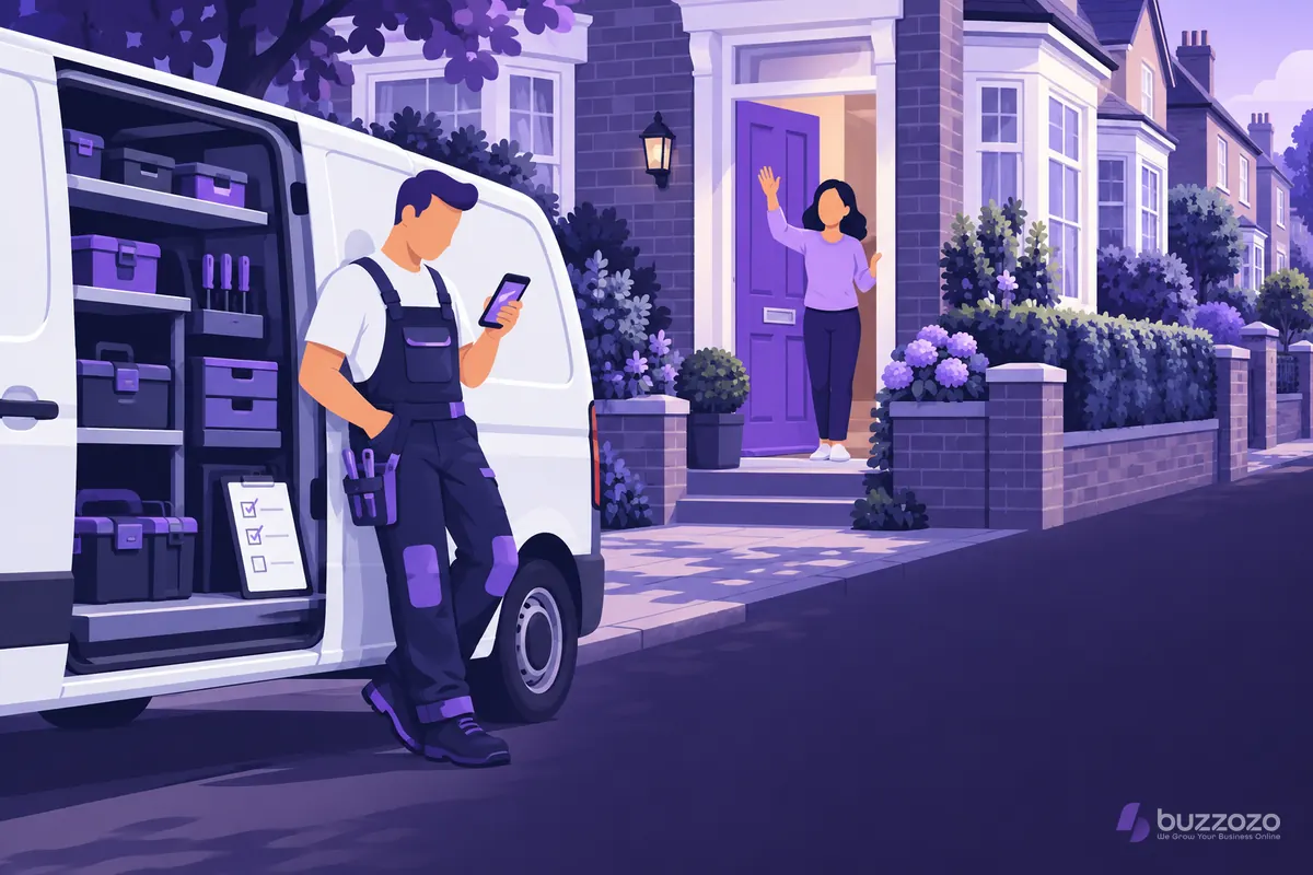 A tradesperson leans on a tidy white van reading their phone while a homeowner waves from the doorway, showing a trusted local trade business.