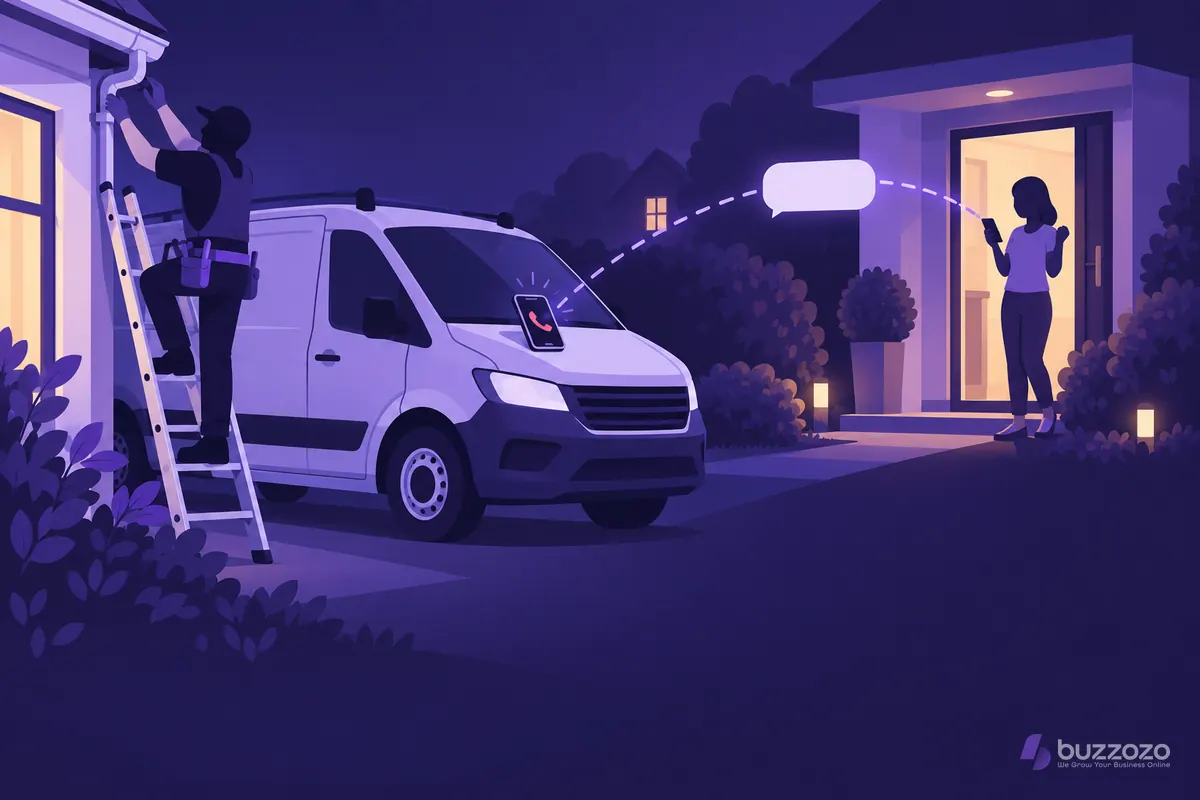 A tradesperson up a ladder misses a call on the phone left on their van, and an automatic text reaches the customer at the front door.
